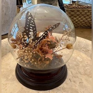 Vintage Glass Terrarium with Flowers and a Butterfly on a Wooden Base